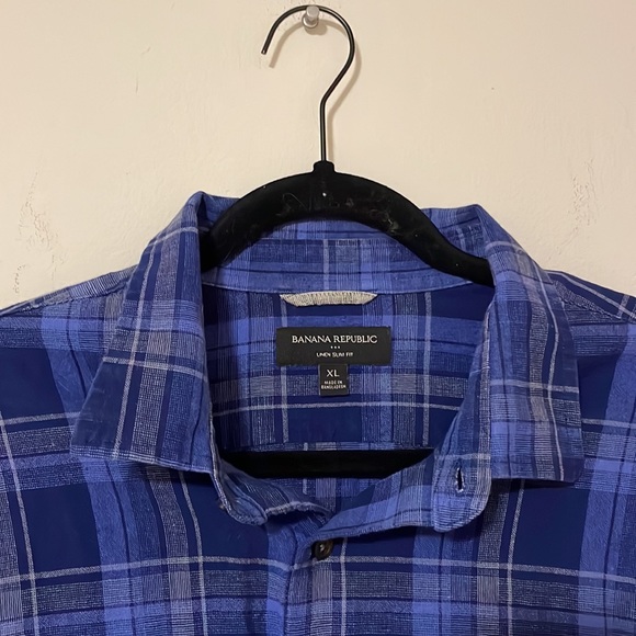 Banana Republic Mens Linen Slim Fit Size XL Shirt Button Down - Dark Blue Plaid - Picture 2 of 4